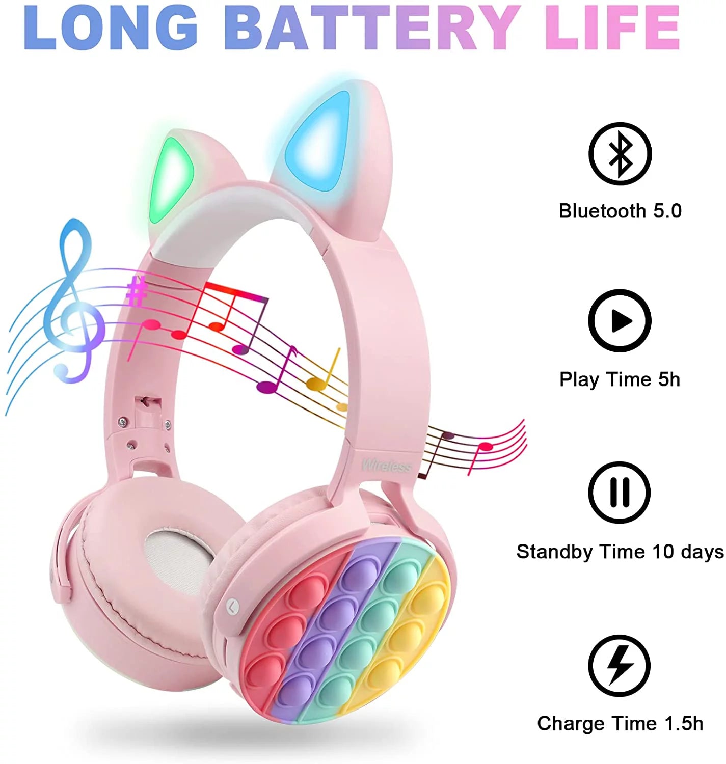 Cat Ear Headphones with Pop Fidget Toy, 5.0 Bluetooth Wireless Headphones for Kids, Noise Cancelling Headphones for Kids - Pink